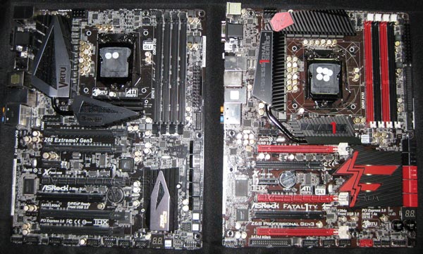 ASRock Z68 Extreme7 Gen3 и Fatal1ty Z68 Professional Gen3 (справа) ASRock Z68 Extreme7 Gen3 и Fatal1ty Z68 Professional Gen3 (справа)