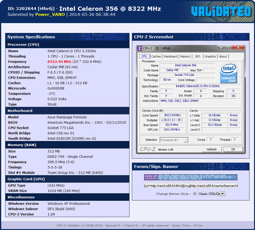 Power Vano разогнал процессор Celeron D 356 до 8322 МГц Power Vano разогнал процессор Celeron D 356 до 8322 МГц