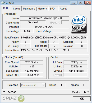 Скриншот CPU-Z процессора Intel QX9650 на частоте 6255 МГц