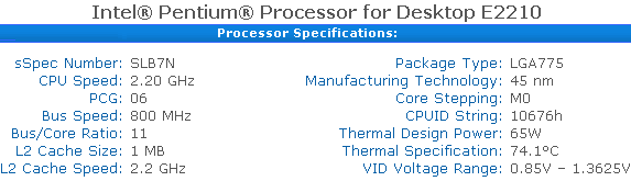 процессор Pentium E2210 характеристики