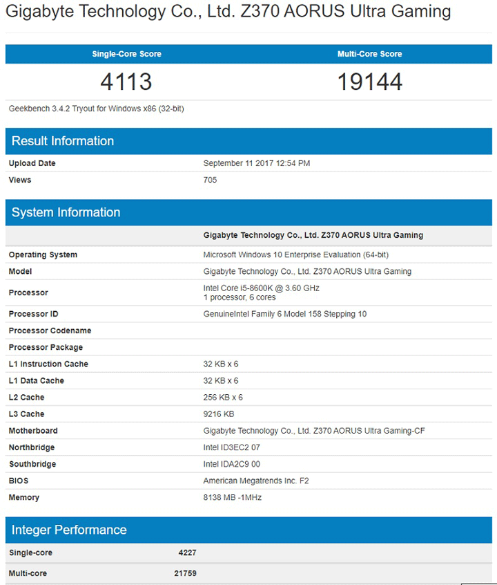 Результаты процессора Intel Core i5-8600K в тесте Geekbench 3