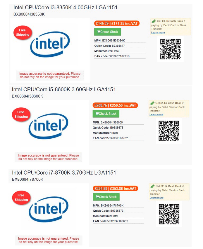 британские цены на процессоры Intel Coffee Lake