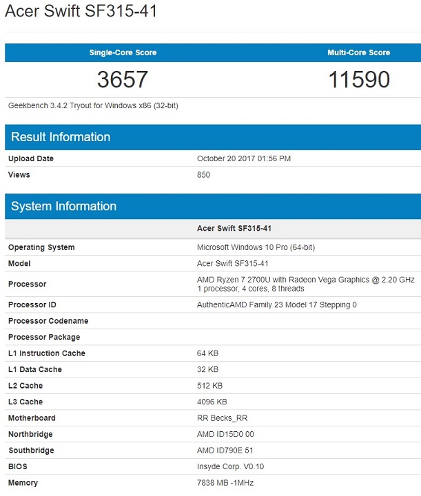 AMD Ryzen 7 2700U в Geekbench