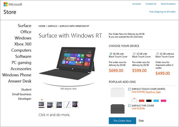 Планшет Microsoft Surface с Windows RT
