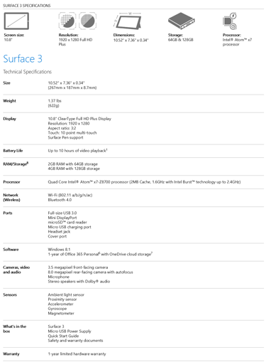 Microsoft Surface 3 Microsoft Surface 3