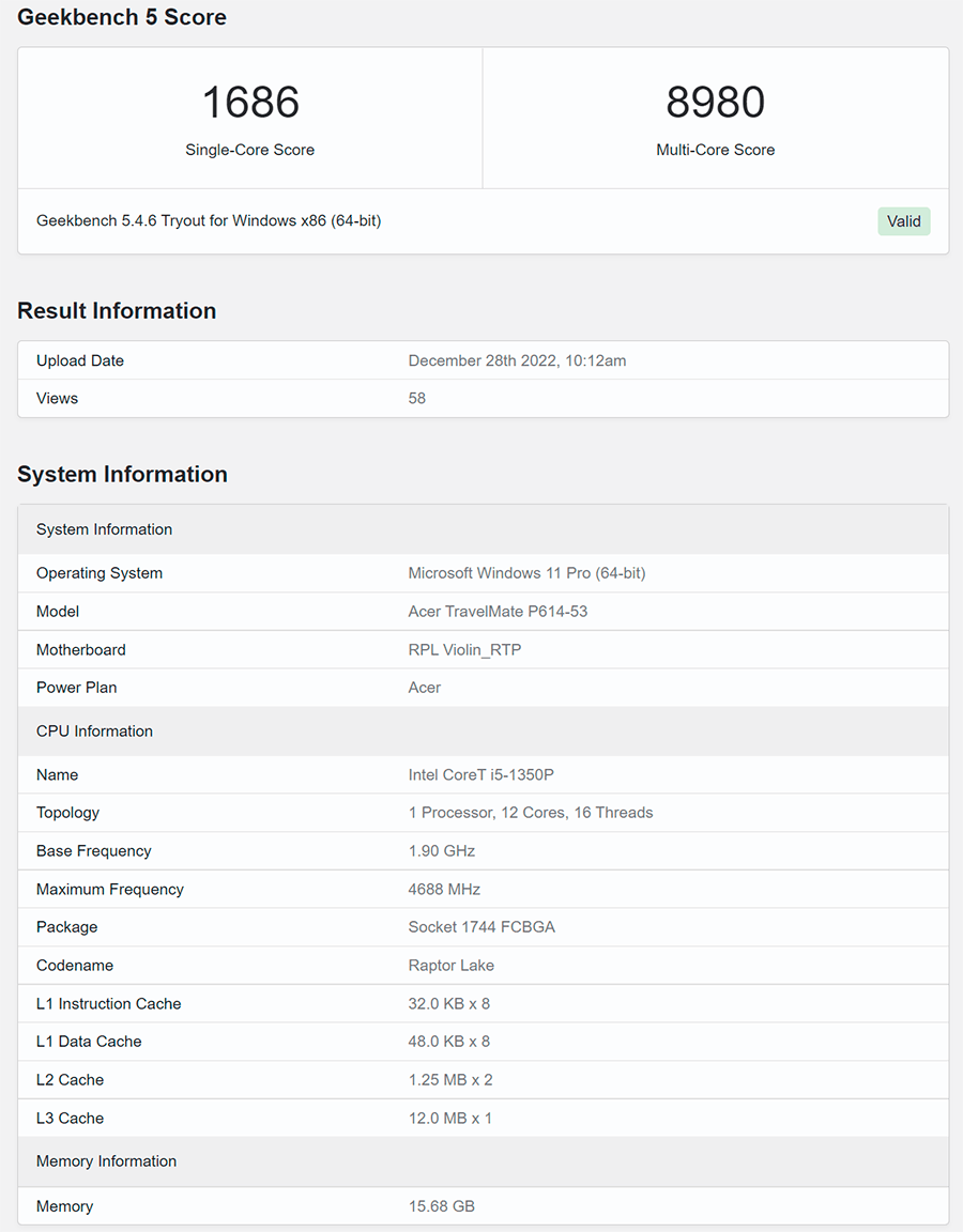 Появились первые результаты тестов мобильного процессора Intel Core i5-1350P