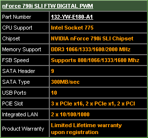 EVGA nForce 790i SLI FTW Digital PWM спецификации EVGA nForce 790i SLI FTW Digital PWM спецификации