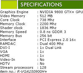 Point of View GeForce 9800 GTX+ с Arctic Cooling спецификации Point of View GeForce 9800 GTX+ с Arctic Cooling спецификации