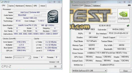 Видеокарты GeForce GTX 295 SLI набирают P32573 попугая в 3DMark Vantage (CPU-Z, GPU-Z)