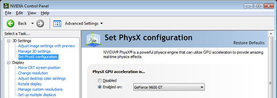 Активация режима NVIDIA PhysX