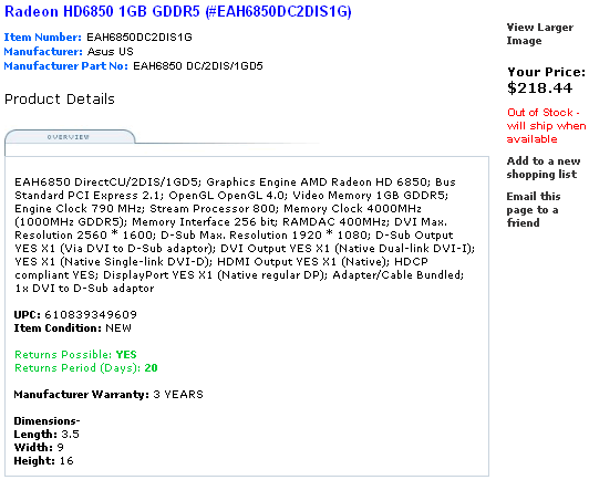 Asus Radeon HD 6850 характеристики