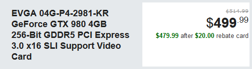 Видеокарта EVGA GTX 980 ACX 2.0 - цена Newegg