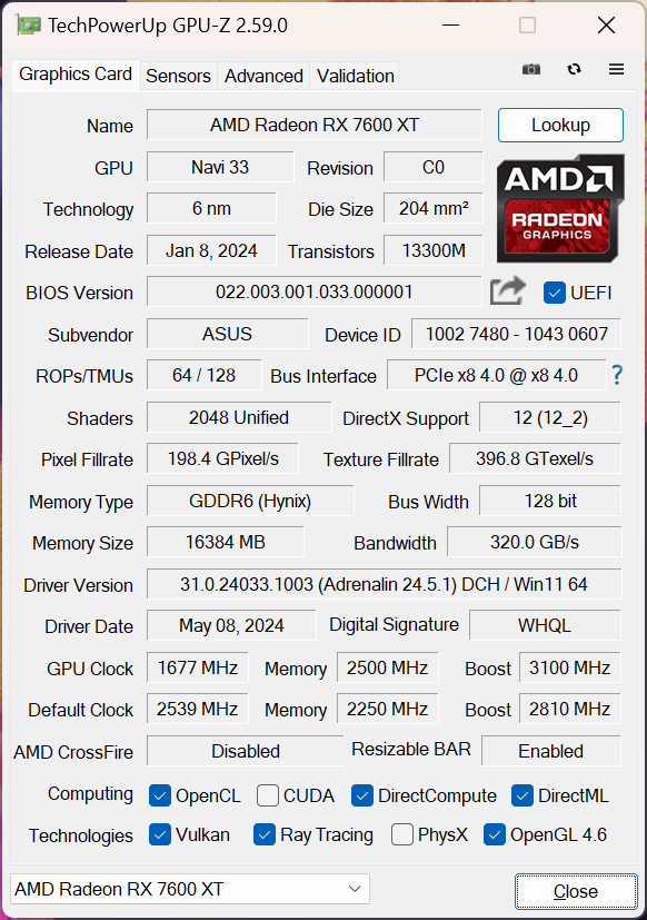 ASUS TUF-RX7600XT-O16G-GAMING