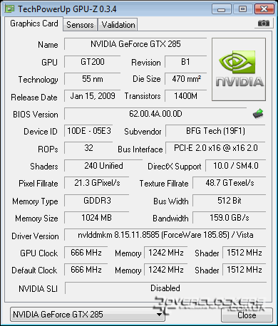 Характеристики BFG GeForce GTX 285 OC