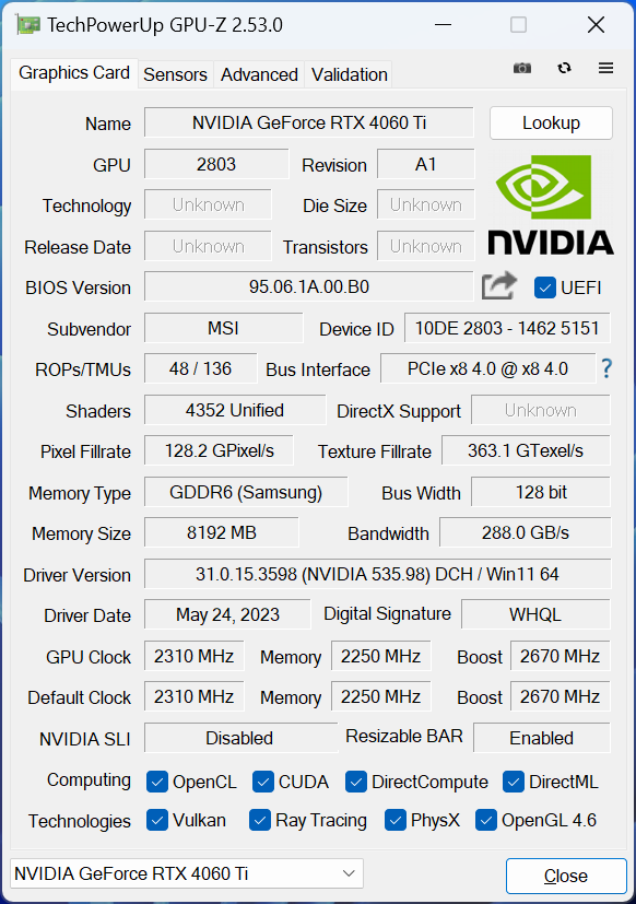 MSI GeForce RTX 4060 Ti Gaming X Trio 8G