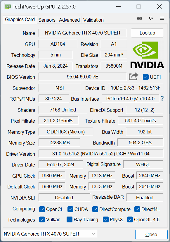 MSI GeForce RTX 4070 Super 12G Gaming X Slim