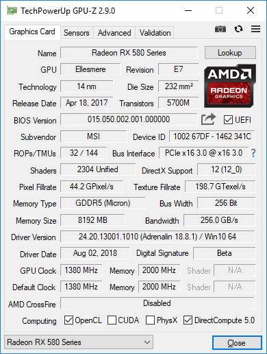 MSI Radeon RX 580 Mech 2 8G OC